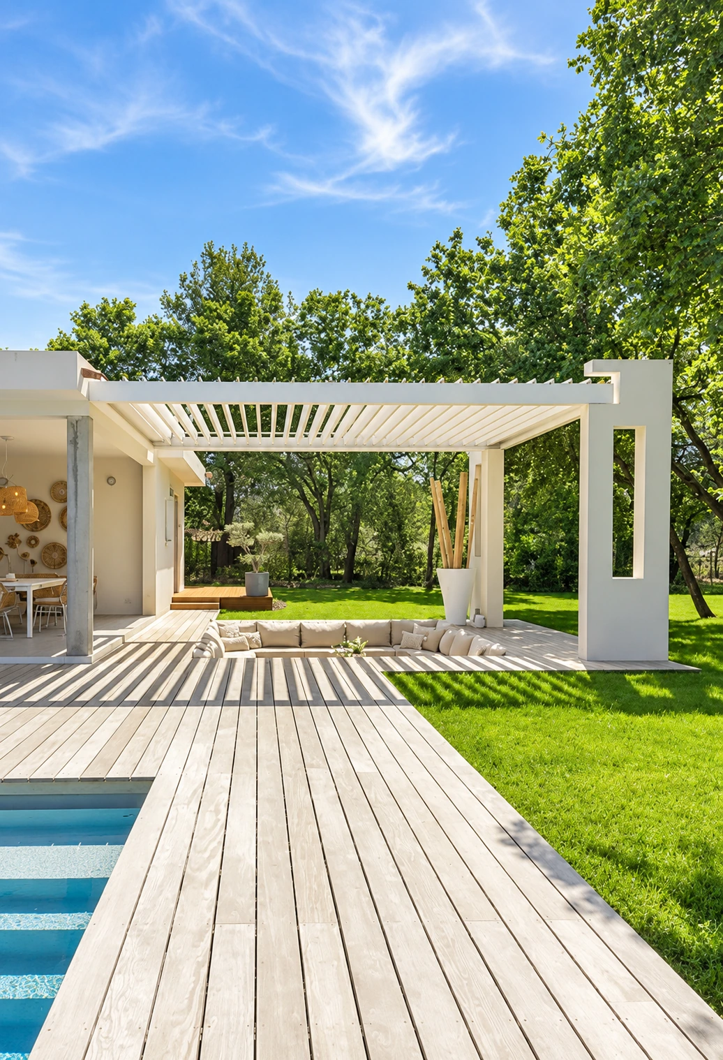 Louvered aluminum pergola on a garden deck