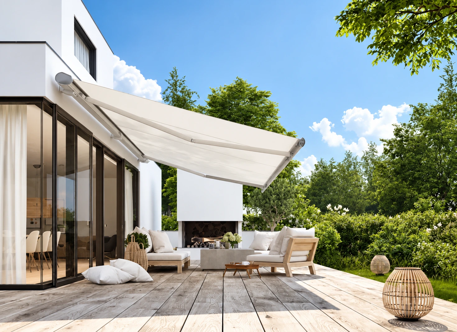 Retractable awning providing shade over a contemporary terrace