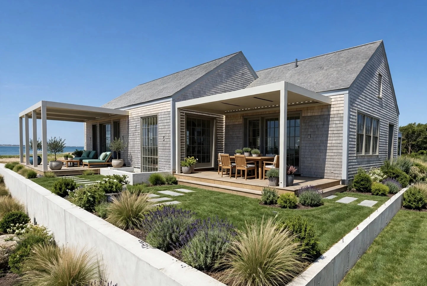 Two Renson Camargue pergolas overlooking the coast in Nantucket, Massachusetts